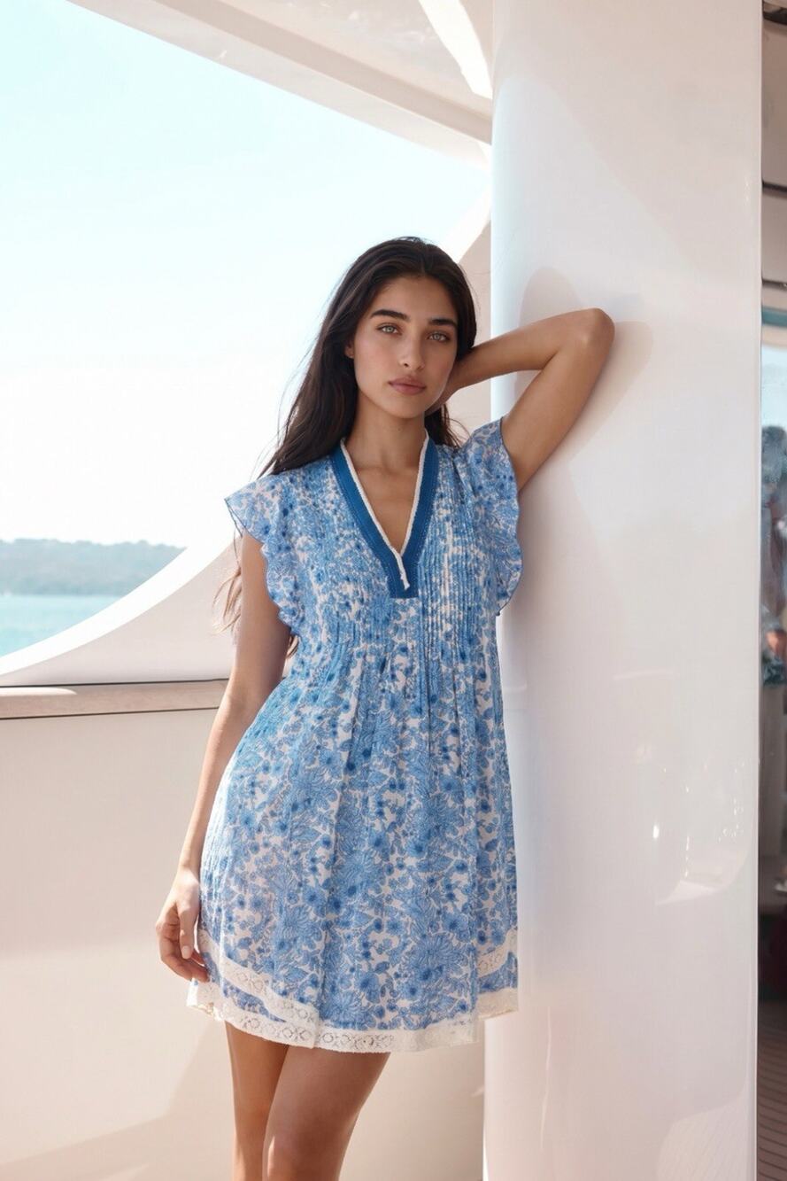 Poupette St. Barth Sasha Floral blue V-Neck Mini Dress Size S Beach Vacation